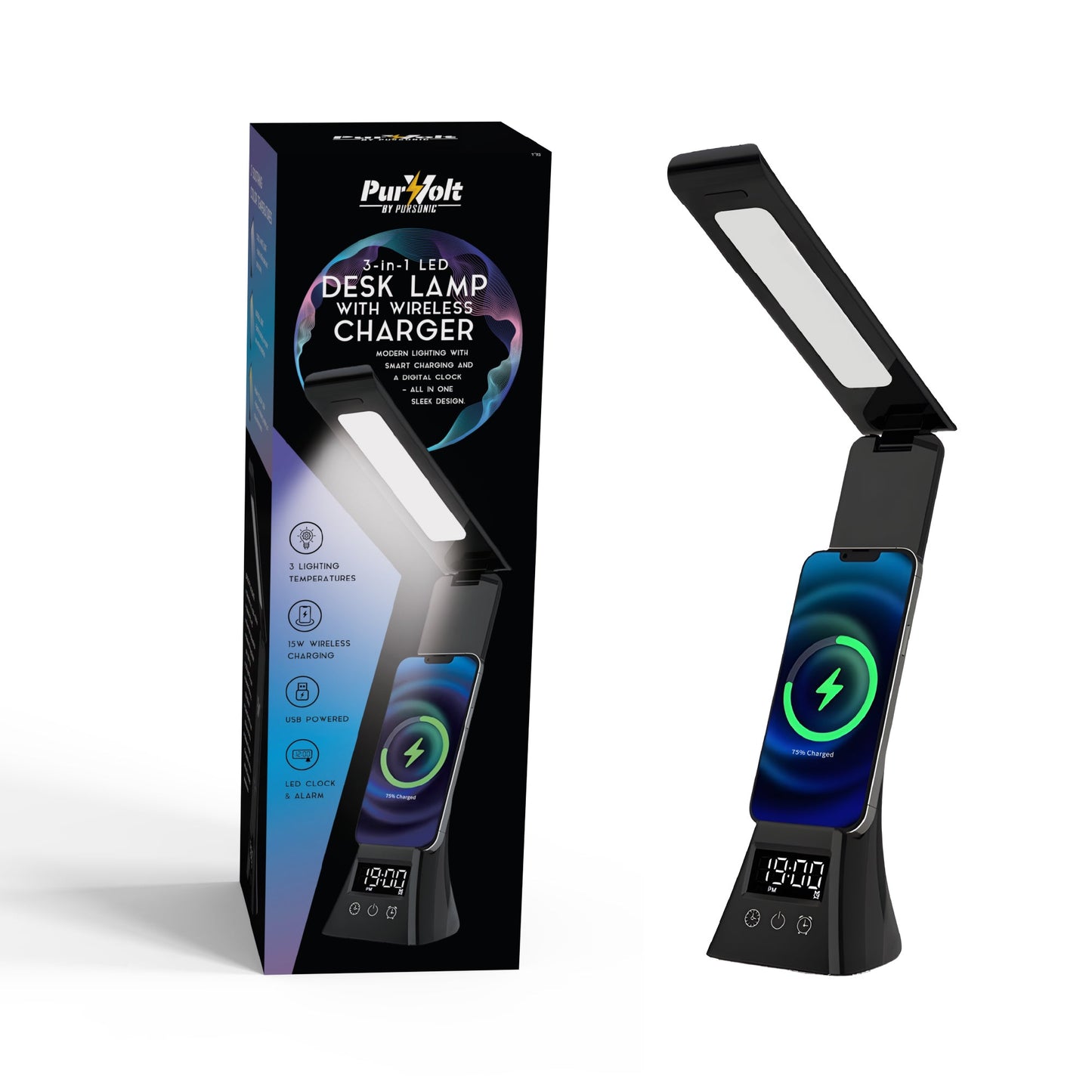 Pursonic 3-in-1 LED Desk Lamp with Wireless Charger and Alarm Clock – Sleek, Smart, and Space-Saving